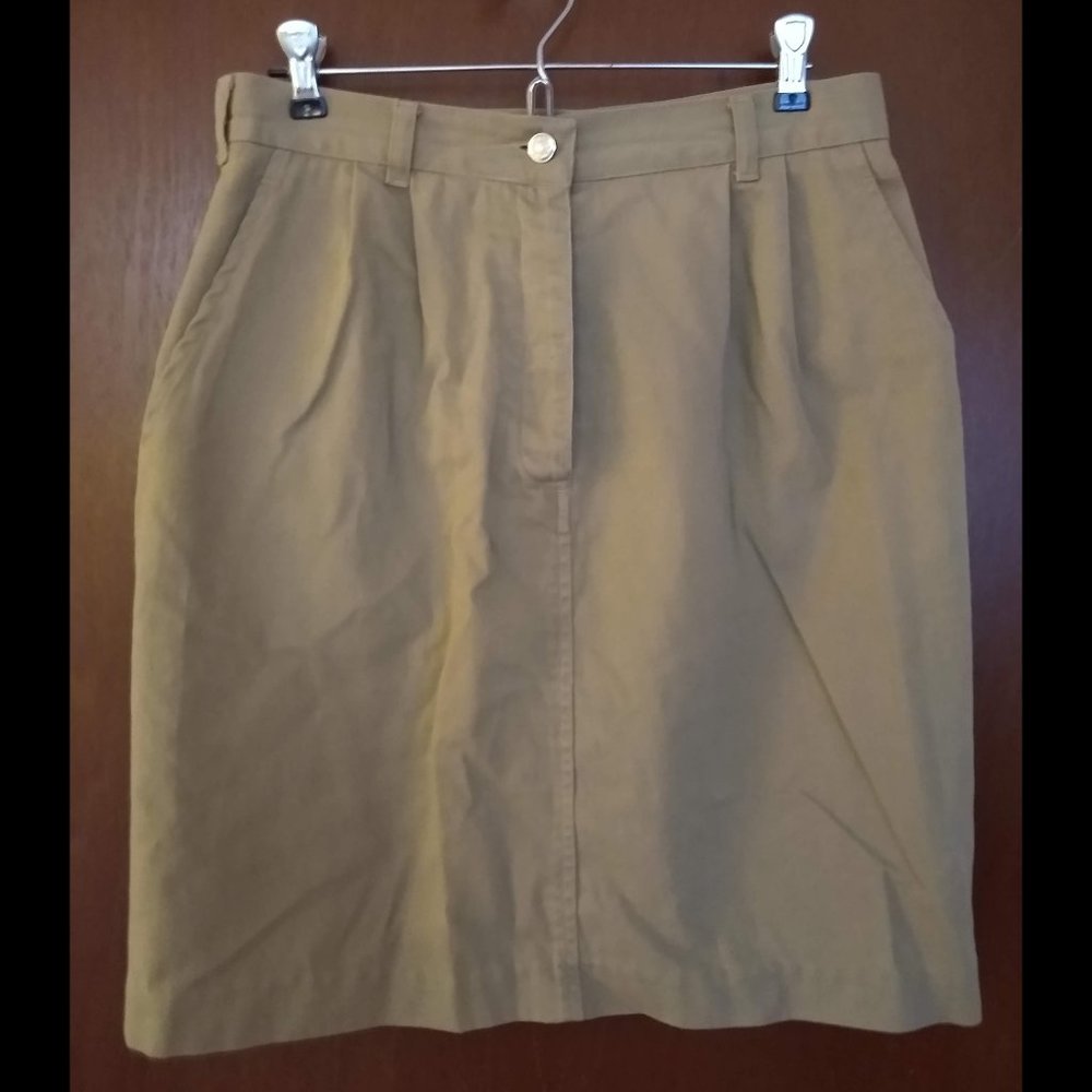 VINTAGE 80s, J Crew, button-fly, Tan Khaki SKIRT, 100% Cotton, Size12, EUC